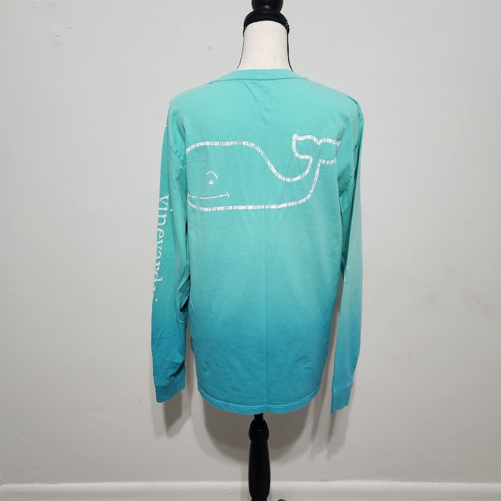Vineyard Vine Ombre Long Sleeve T-shirt Tee Turquoise Blue Green Whale Graphic S
